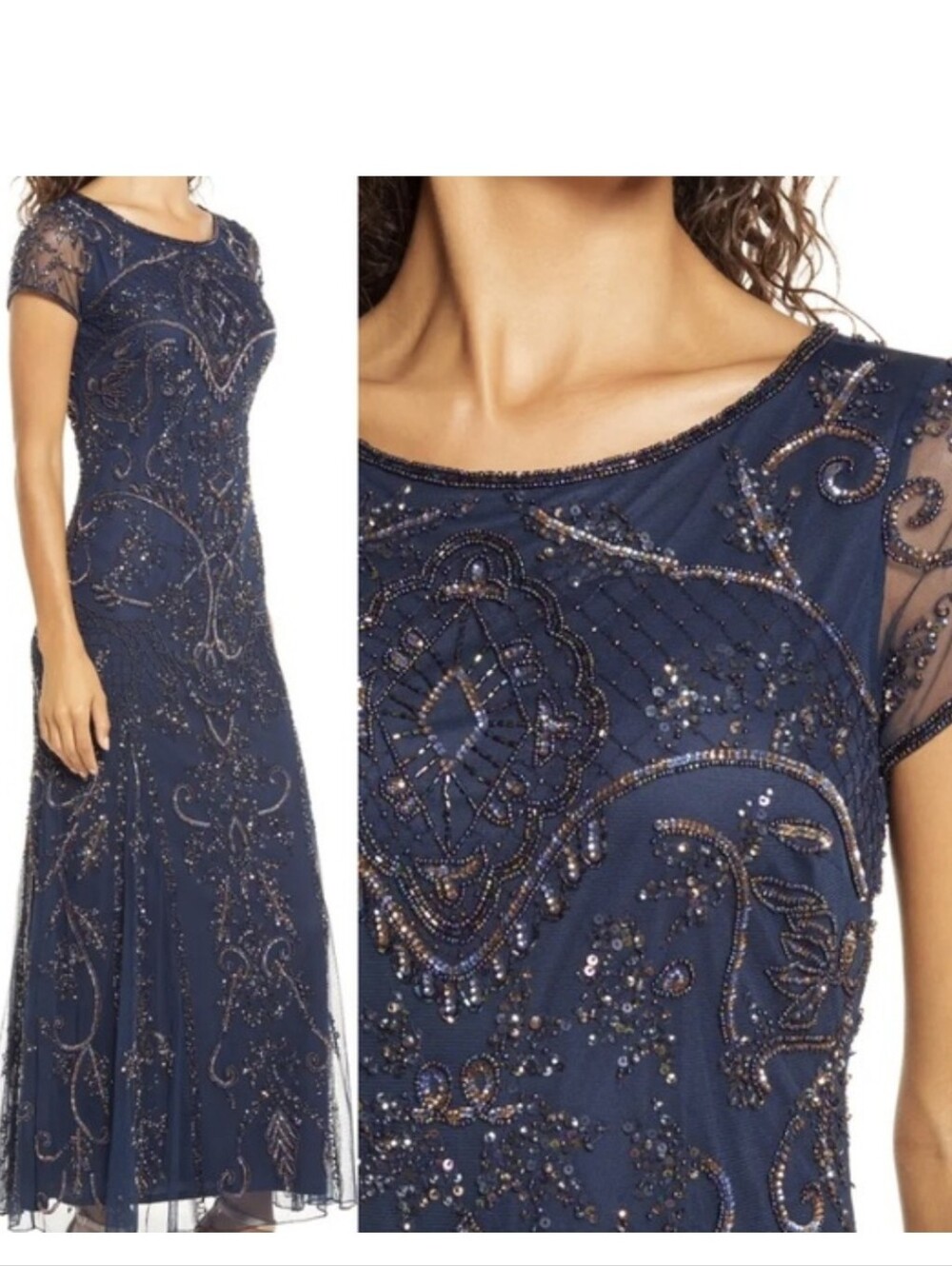 Pisarro Nights Embellished Mesh Beaded Maxi Gown Blue Size 6